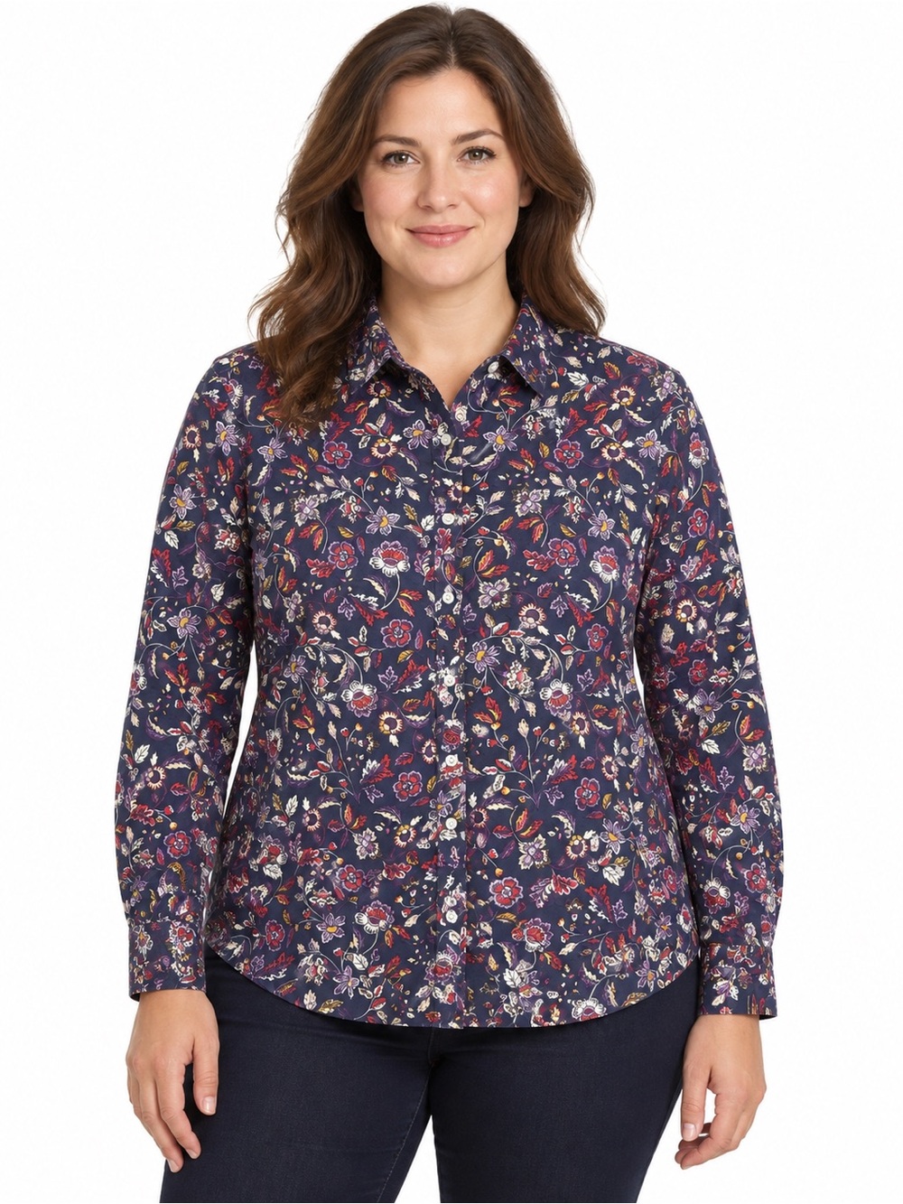 Lands’ End Size 10 Supima Cotton Navy Floral No Iron Button Down Shirt